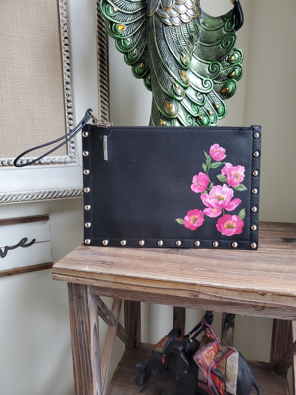White House Black Market Black Wristlet Clutch with Pink Floral Design